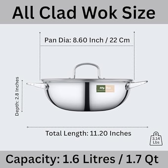 WG inc مقلاة ووك من الفولاذ المقاوم للصدأ مع غطاء، قطر 22 سم - Image 4