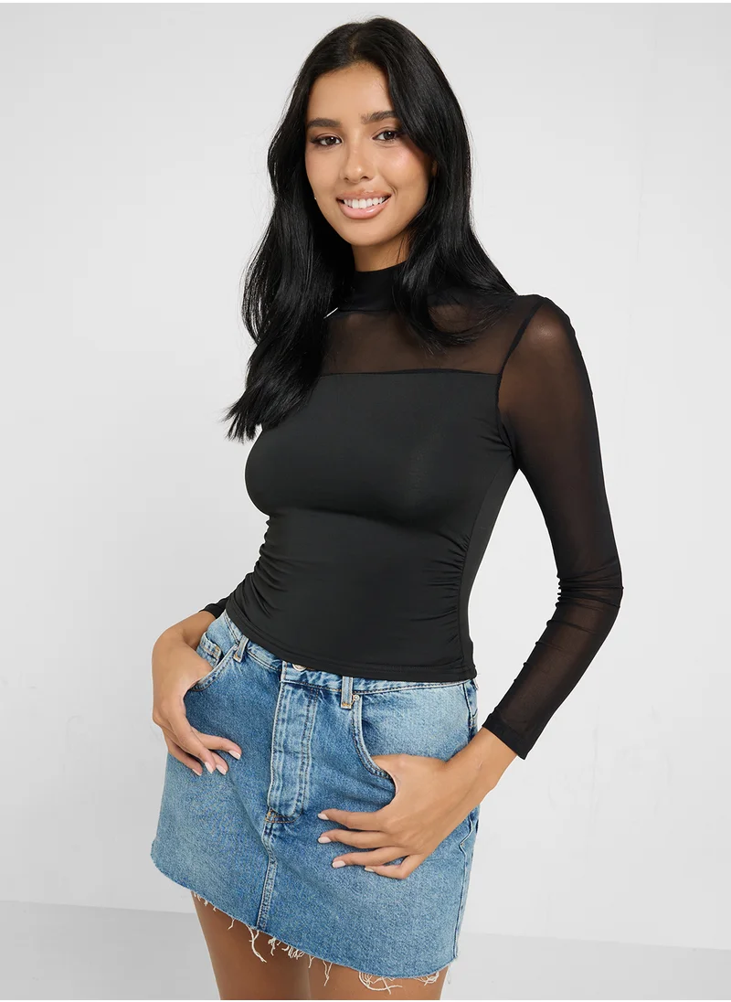 جينجر Mesh Sheer Mock Neck Top