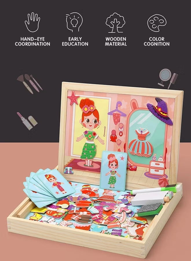 Soofam Magnetic Drawing Board, Girls Dress up themed toys, Wooden Puzzles Games Toys for Kids Drawing Learning - Image 3