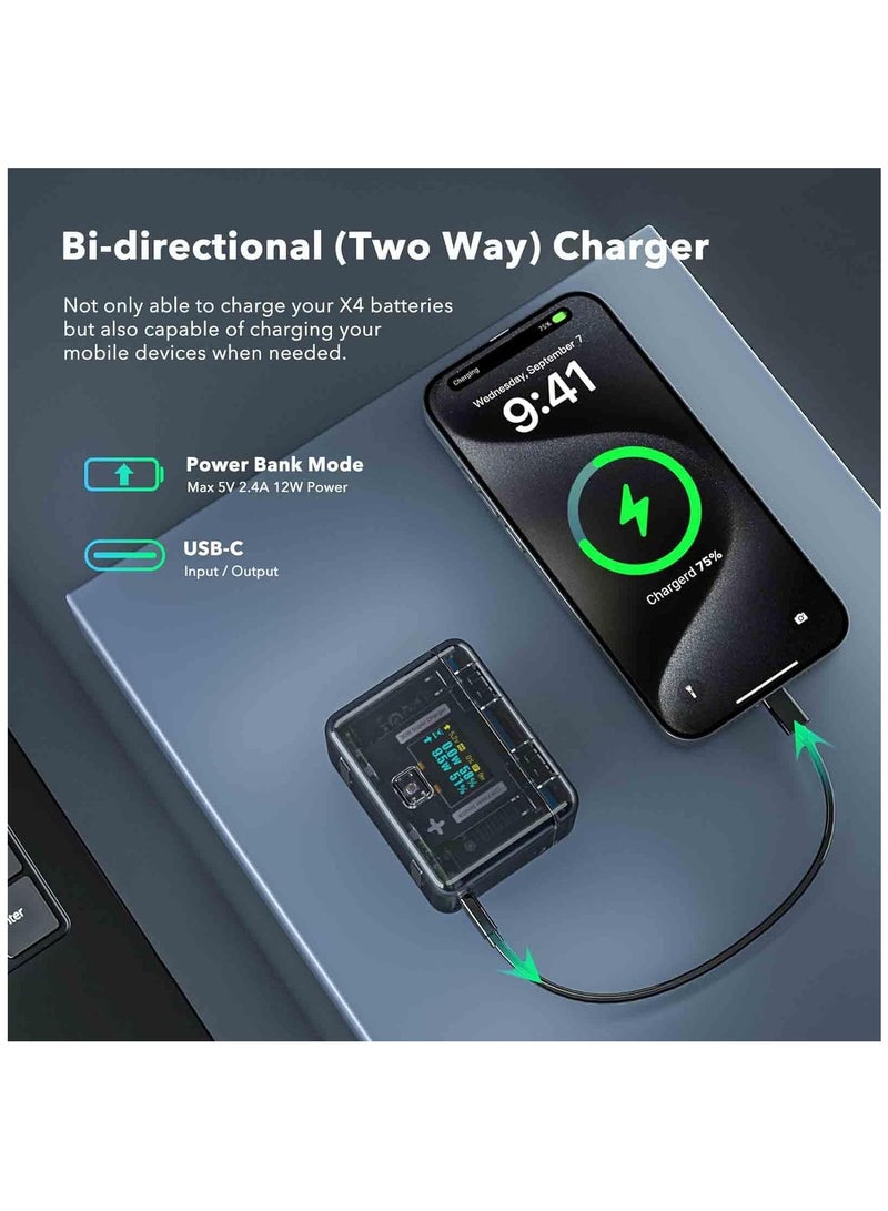 KASTWAVE Fast Charge Hub for Insta360 X4 Battery, 30W Dual Charger OLED Screen Intelligent Two Way Charging Case w/12W Output, for Insta360 X4 Accessories, shows Battery Level (SOC) No Internal or X4 Battery - Image 5