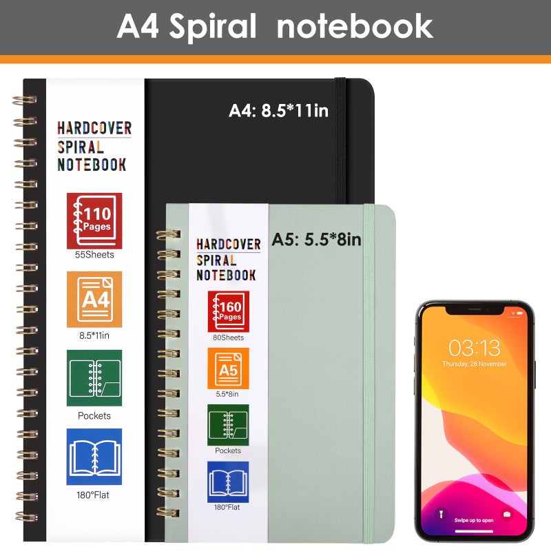 LABUK Spiral Notebook 8.5 x 11, A4 Large Notebooks for Women Men, 55 Sheets (110 Pages) College Ruled Hardcover Notebook for Work School Note Taking (Black) - Image 2