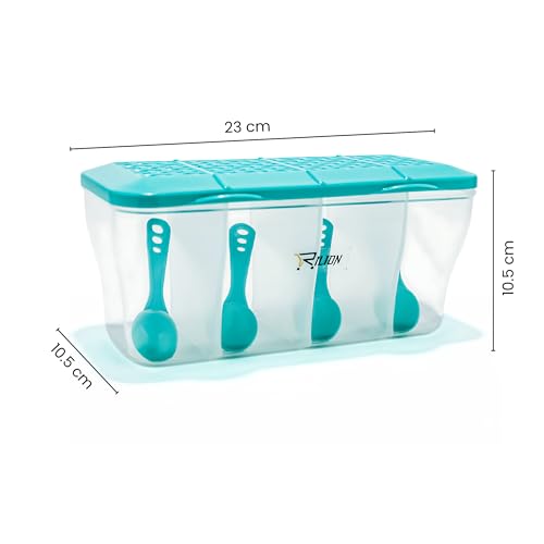 RILION Multipurpose Plastic 4 In 1 Masala Box for Kitchen, Transparent Pickel Box, 4 Compartment Storage Container Airtight For Cereal, Dry Fruits Dabba1800 Ml with 4 Spoons(Pista) - Image 5