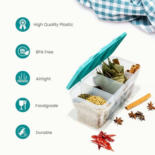 RILION Multipurpose Plastic 4 In 1 Masala Box for Kitchen, Transparent Pickel Box, 4 Compartment Storage Container Airtight For Cereal, Dry Fruits Dabba1800 Ml with 4 Spoons(Pista) - Image 4