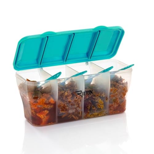 RILION Multipurpose Plastic 4 In 1 Masala Box for Kitchen, Transparent Pickel Box, 4 Compartment Storage Container Airtight For Cereal, Dry Fruits Dabba1800 Ml with 4 Spoons(Pista) - Image 2