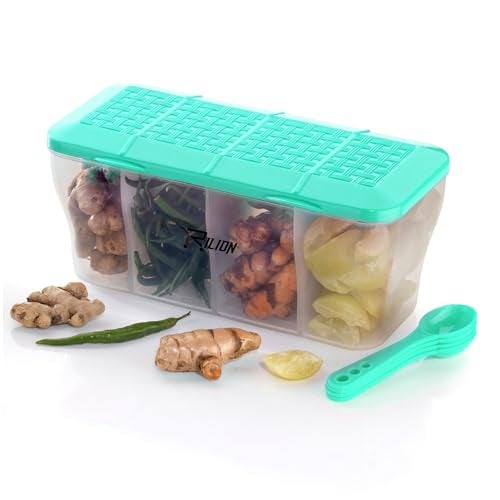 RILION Multipurpose Plastic 4 In 1 Masala Box for Kitchen, Transparent Pickel Box, 4 Compartment Storage Container Airtight For Cereal, Dry Fruits Dabba1800 Ml with 4 Spoons(Pista) - Image 1