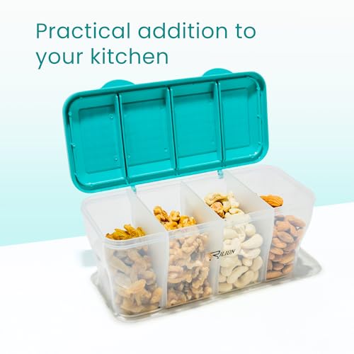 RILION Multipurpose Plastic 4 In 1 Masala Box for Kitchen, Transparent Pickel Box, 4 Compartment Storage Container Airtight For Cereal, Dry Fruits Dabba1800 Ml with 4 Spoons(Pista) - Image 3