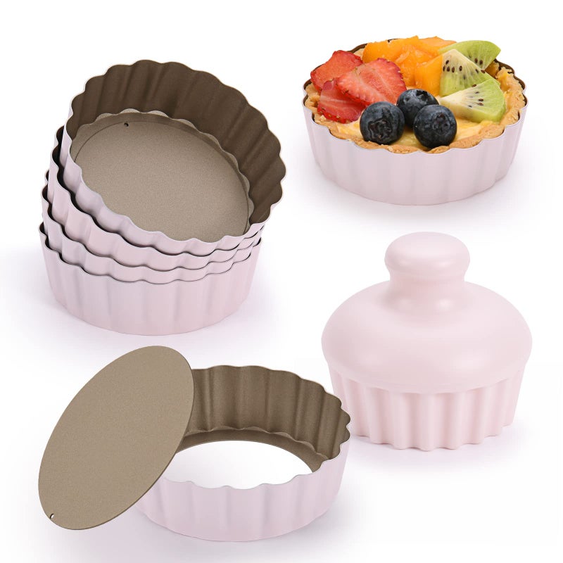 CGGYYZ Mini Round Tart Pan with Removable Bottom Nonstick Mini Pie Pans for Baking Carbon Steel Quiche Pan Set for Cupcake Muffin Cakes and Desserts Including 6 Tart Pan and 1 Tart Tamper Pink
