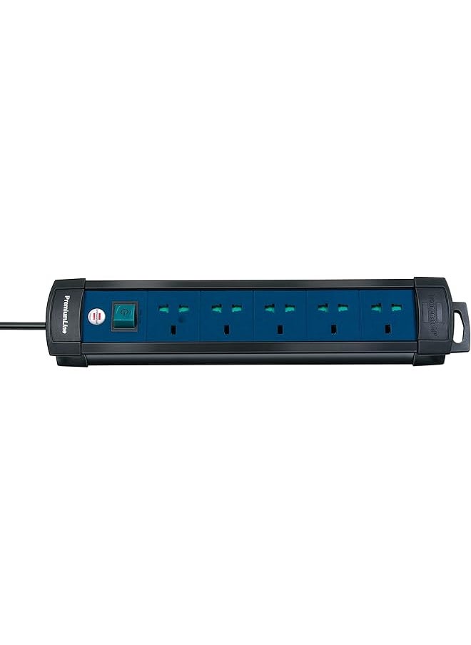 Brennenstuhl Brennenstuhl Premium-Line Multistandard, 5-way extension lead with 3m extension cable, sockets suitable for BS, U.S. and EURO plugs, black/blue, Made in Germany, 5-way / 3m  - Image 1