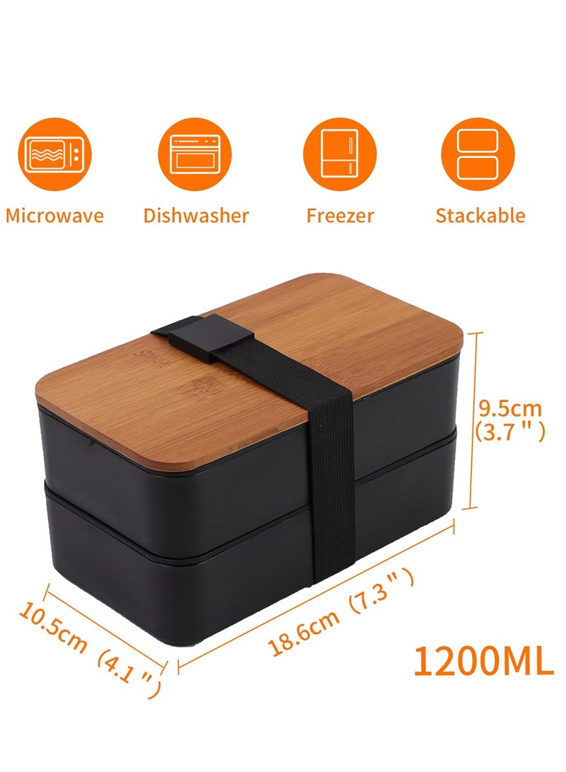Bento Box, Adult Lunch Box with lunch bag,Japanese Stackable Lunch Box with Compartments, Bento lunch Box with Utensil & Chopsticks & Dip Container Set of, Microwavable,1200ML (Black)  - Image 4