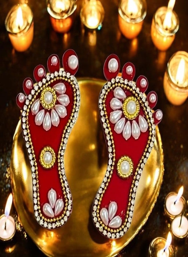 Kriwin 2 Pairs Decorative Laxmi Charan Paduka, Embellished Footprints, Religious Festival Decor (Pearl, 3 inch) - Image 2