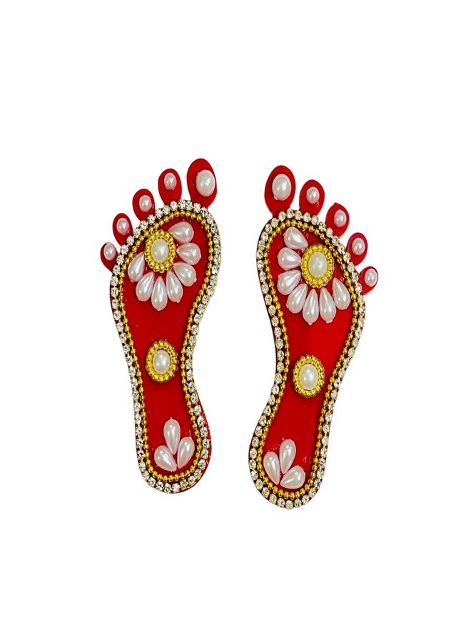 Kriwin 2 Pairs Decorative Laxmi Charan Paduka, Embellished Footprints, Religious Festival Decor (Pearl, 3 inch) - Image 4