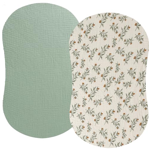 Fadacudan Muslin Bassinet Sheet Compatible with Halo Bassinest Swivel Flex Glide Premiere & Luxe Series Sleeper 2 Pack Cotton Stylish Boho Fitted Bassinet Sheets Super Soft for Baby Roman Green & Botanical Leaf - Image 1