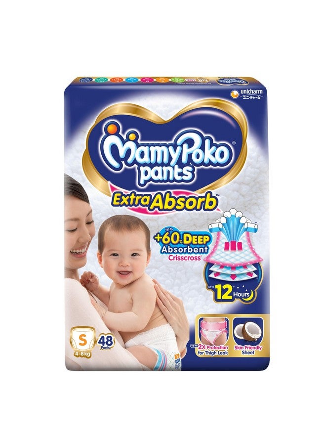 MamyPoko Pants Extra Absorb Baby Diapers, Small(S), 48 Count, 4-8 Kg, Clear