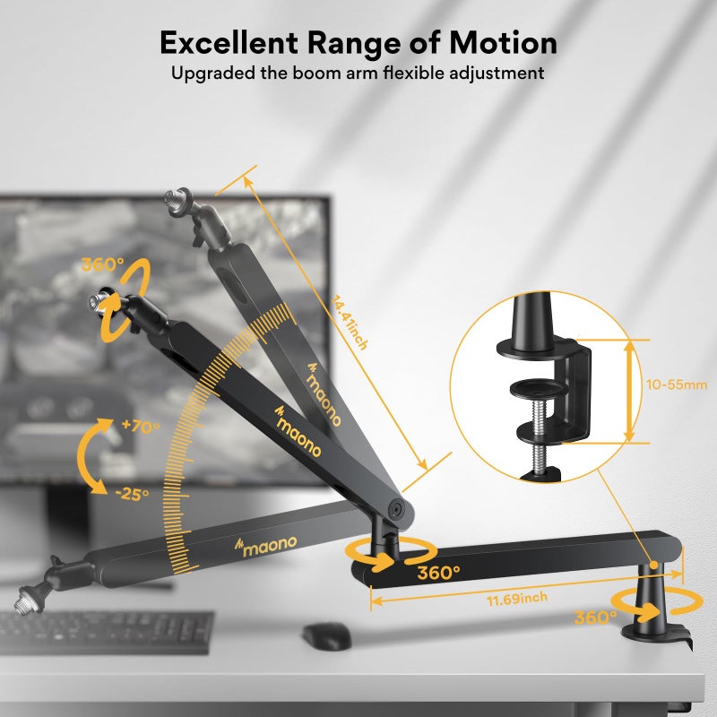 MAONO Microphone Boom Arm, Low Profile Mic Arm with Cable Management Channels, Desk Mount Clamp, Fully Adjustable, Heavy Duty Mic Stand for Podcast Studio Streaming (BA92 Black) - Image 5