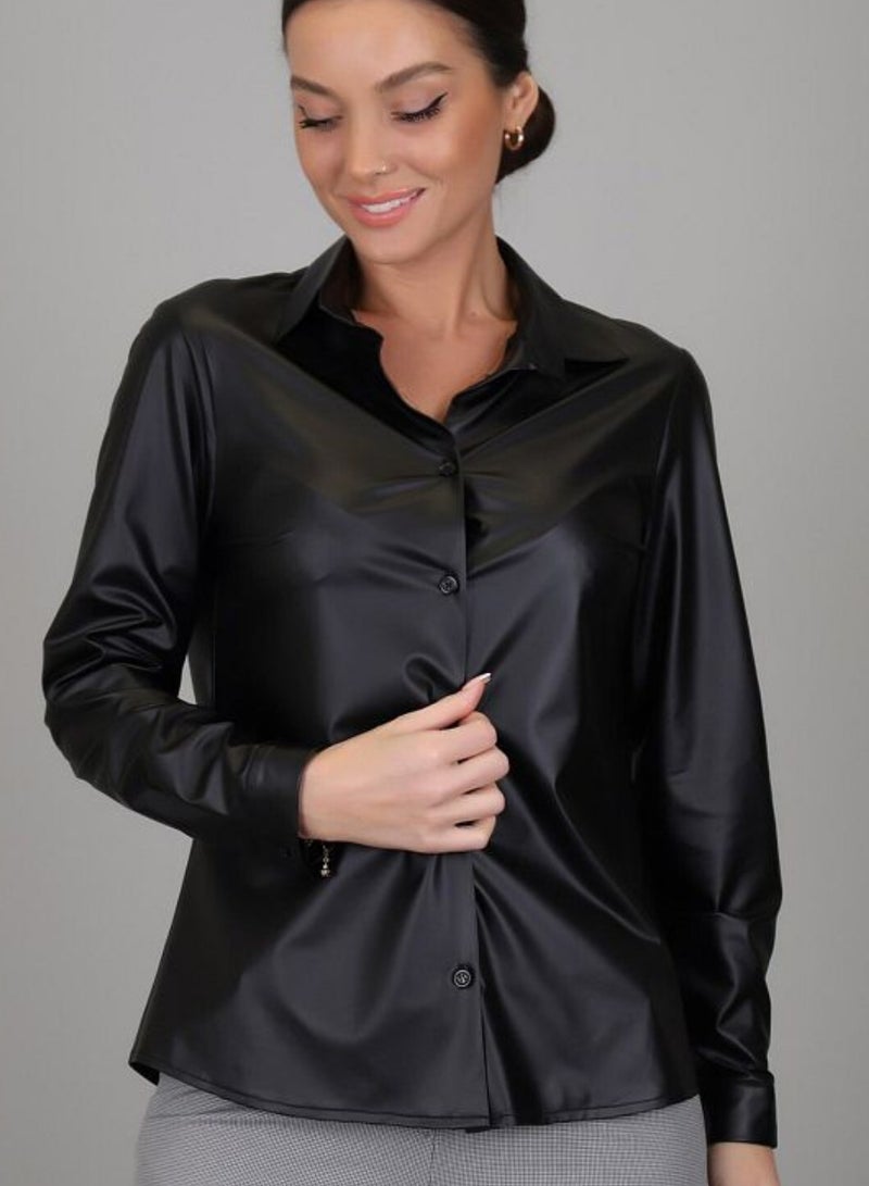 Women leather buttoned shirt black lycra blouse