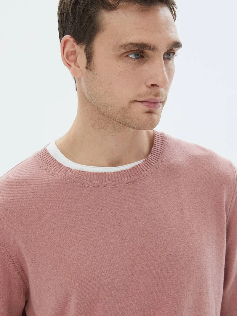 Kip Pink Crew Neck Plain Knit Cotton Blend Sweater