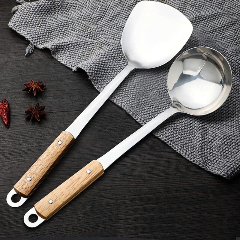 DANSR DANSR Spatula Ladle Wok Tool Set Metal Soup Ladle Stainless Steel Wok Spoon Spatula Set with Wooden Handle14 Inch  - Image 2