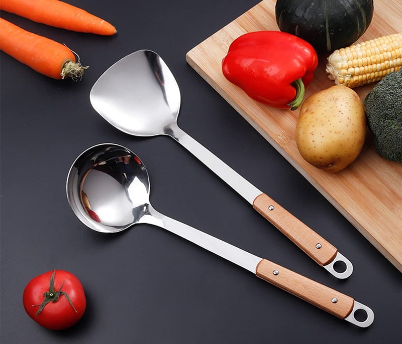 DANSR DANSR Spatula Ladle Wok Tool Set Metal Soup Ladle Stainless Steel Wok Spoon Spatula Set with Wooden Handle14 Inch  - Image 1
