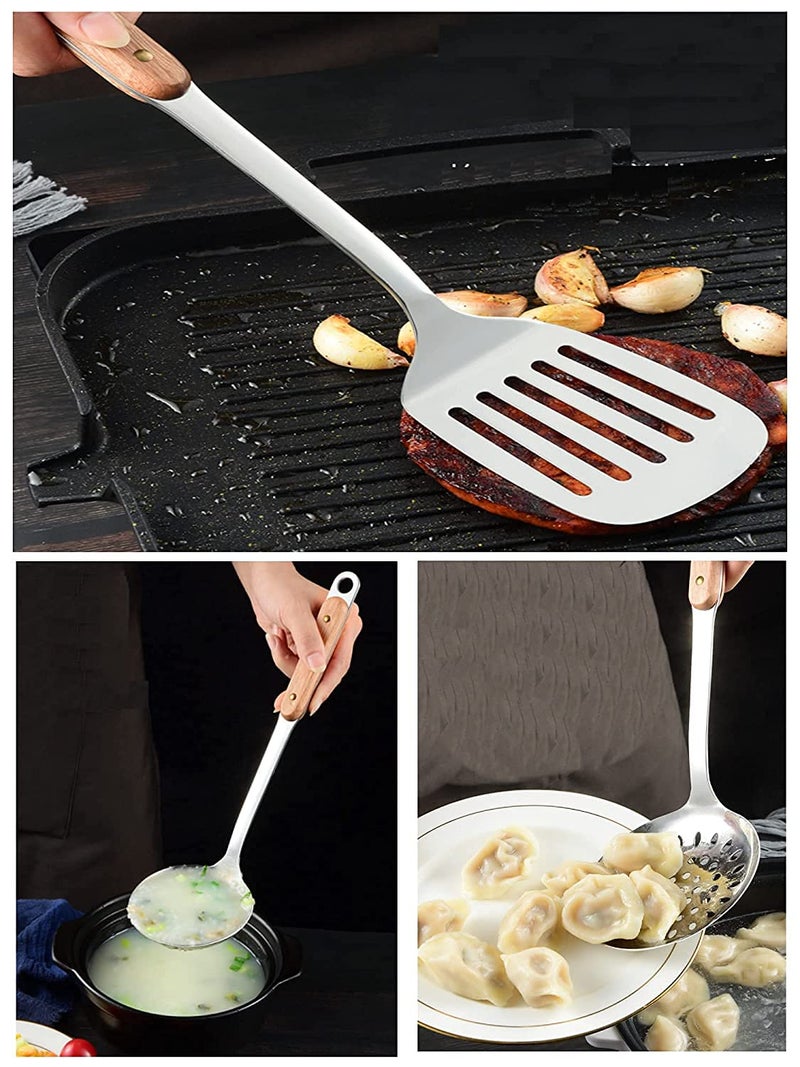 DANSR DANSR Spatula Ladle Wok Tool Set Metal Soup Ladle Stainless Steel Wok Spoon Spatula Set with Wooden Handle14 Inch  - Image 5