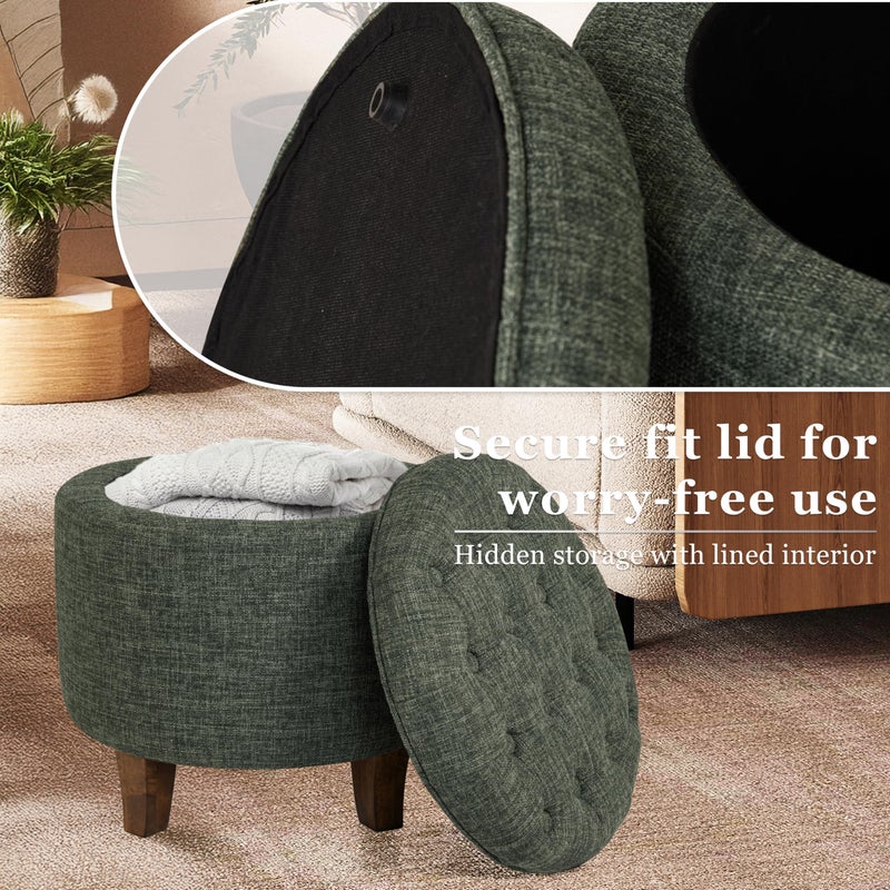 Homepop Home Decor | Upholstered Round Tufted Foot Rest Ottoman | Ottoman with Storage for Living Room & Bedroom | Decorative Home Furniture, Green Clover Fabric - Image 2