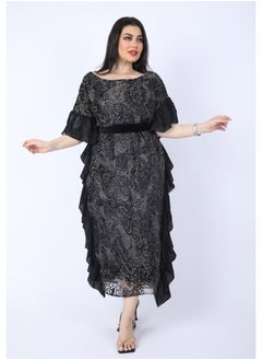 FULL JOY Maxi Dress  with text sleeves and a belt  on the waist, Black  - Image 1