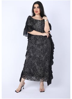 FULL JOY Maxi Dress  with text sleeves and a belt  on the waist, Black  - Image 4
