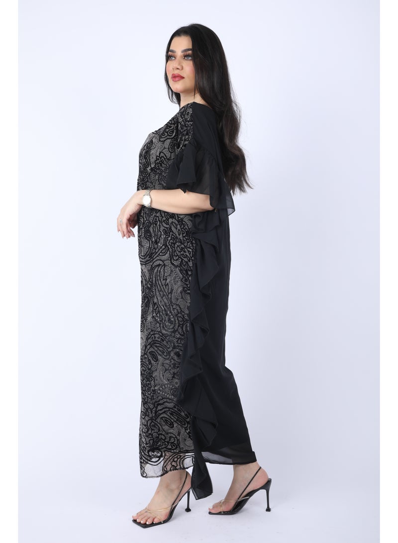 FULL JOY Maxi Dress  with text sleeves and a belt  on the waist, Black - Image 5
