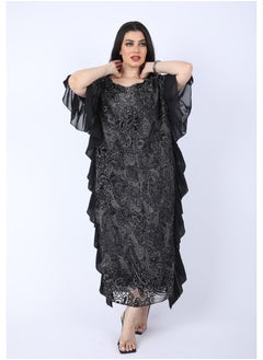 FULL JOY Maxi Dress  with text sleeves and a belt  on the waist, Black  - Image 3
