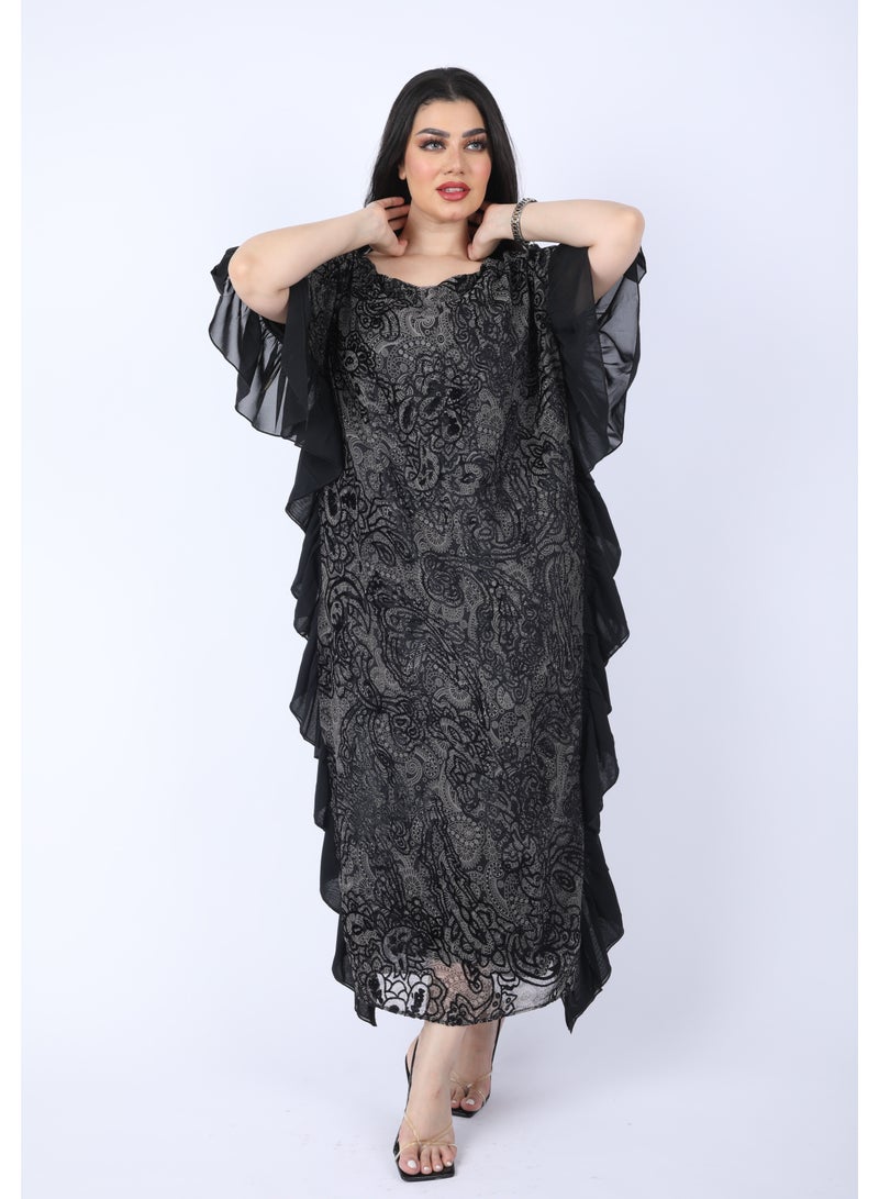 FULL JOY Maxi Dress  with text sleeves and a belt  on the waist, Black - Image 3