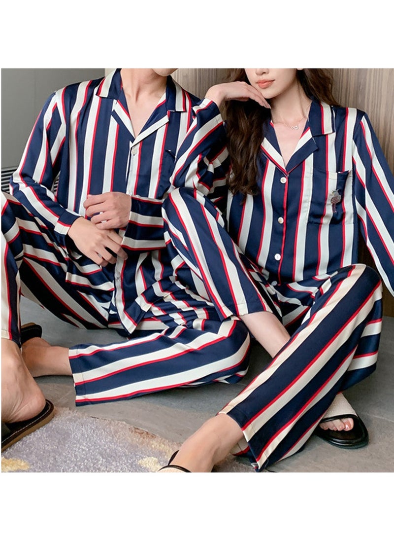 MARGOUN بيجامات مطابقة للأزواج من الحرير بأكمام طويلة مزخرفة للنوم من الساتان ناعمة بأزرار ملابس مريحة بي جيز زرقاء XL و Large MG05 - Image 3