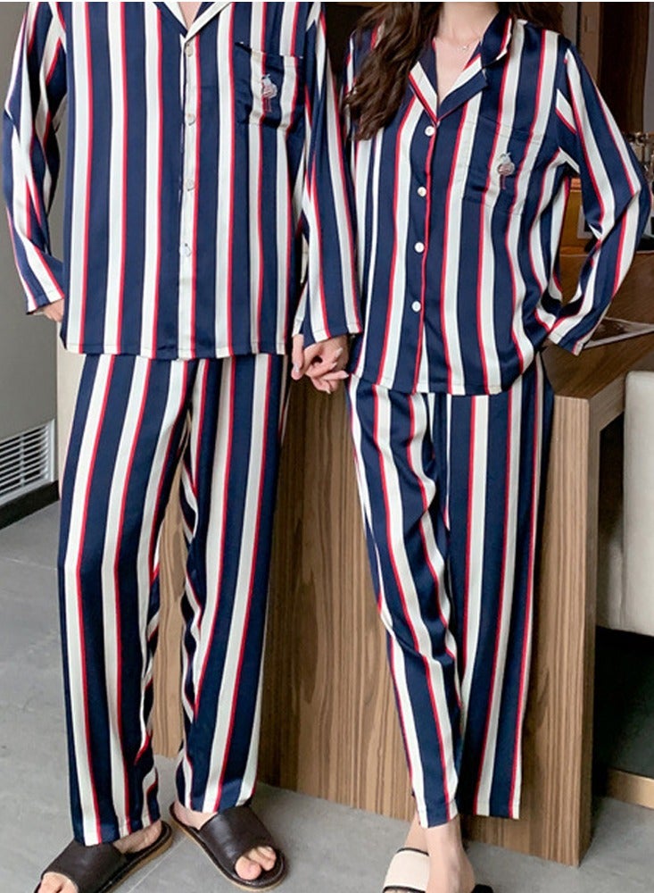 MARGOUN بيجامات مطابقة للأزواج من الحرير بأكمام طويلة مزخرفة للنوم من الساتان ناعمة بأزرار ملابس مريحة بي جيز زرقاء XL و Large MG05 - Image 1