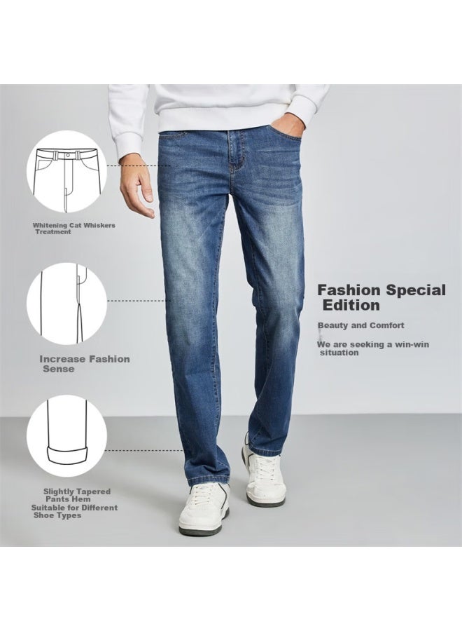 Dancing Wolves Vintage Casual Straight-leg Commuter Jeans Men's Denim Pants With Fixed Color Washing 112 Mid Blue 32 - Image 4
