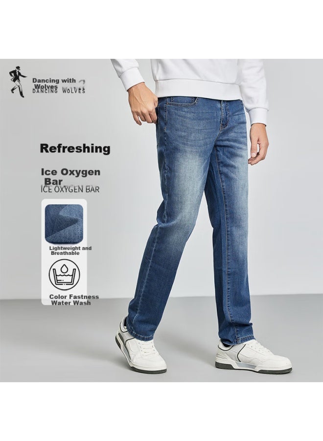 Dancing Wolves Vintage Casual Straight-leg Commuter Jeans Men's Denim Pants With Fixed Color Washing 112 Mid Blue 32 - Image 1