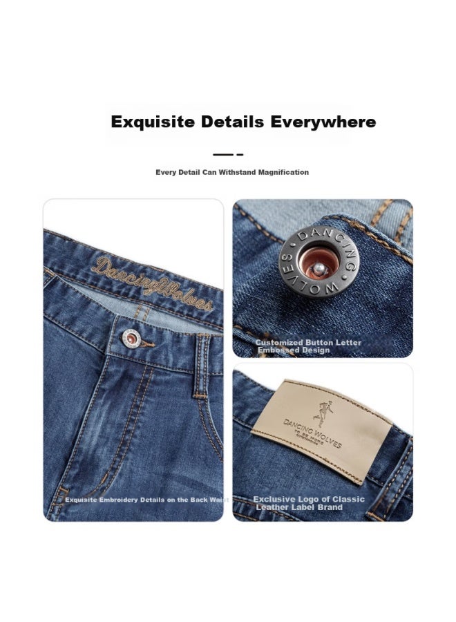 Dancing Wolves Vintage Casual Straight-leg Commuter Jeans Men's Denim Pants With Fixed Color Washing 112 Mid Blue 32 - Image 5