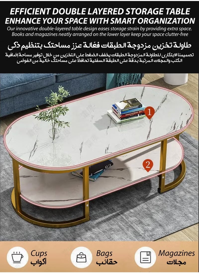 Toshionics 2-Tier Luxurious Modern Design Italian Style Coffee Table with White Faux Marble Wooden Tabletop Gold Metal Frame and Storage Elegant Accent Center Table Minimalist Nordic Stylish Coffee Table Easy to Assemble for Home Decoration Office Hotel Lobby Spa and Salon Lounges Reception Areas  - Image 3