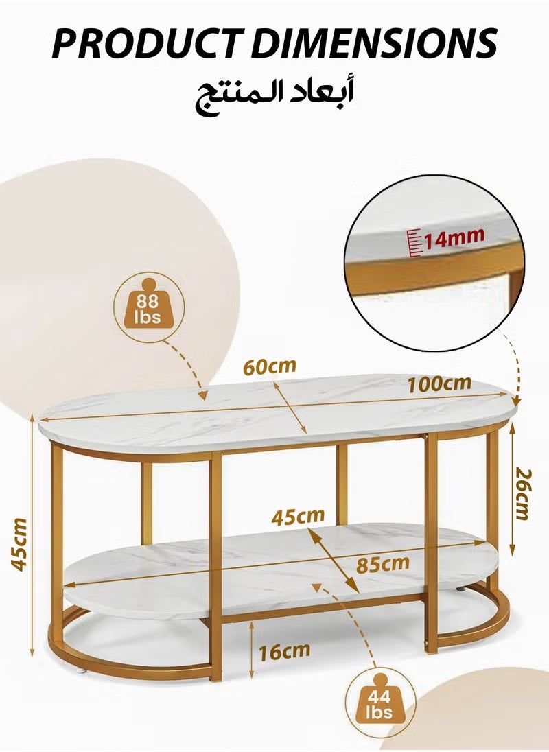 Toshionics 2-Tier Luxurious Modern Design Italian Style Coffee Table with White Faux Marble Wooden Tabletop Gold Metal Frame and Storage Elegant Accent Center Table Minimalist Nordic Stylish Coffee Table Easy to Assemble for Home Decoration Office Hotel Lobby Spa and Salon Lounges Reception Areas  - Image 4