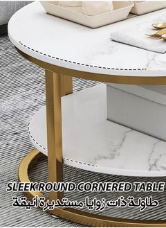 Toshionics Luxurious Modern Design Coffee Table with White Faux Marble Wooden Tabletop Gold Metal Frame and Storage 2-Tier Elegant Accent Center Table Minimalist Nordic Stylish Coffee Table Easy to Assemble for Home Decoration Office Hotel Lobby Spa and Salon Lounges Reception Areas  - Image 2