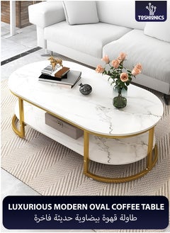Toshionics Luxurious Modern Design Coffee Table with White Faux Marble Wooden Tabletop Gold Metal Frame and Storage 2-Tier Elegant Accent Center Table Minimalist Nordic Stylish Coffee Table Easy to Assemble for Home Decoration Office Hotel Lobby Spa and Salon Lounges Reception Areas  - Image 1