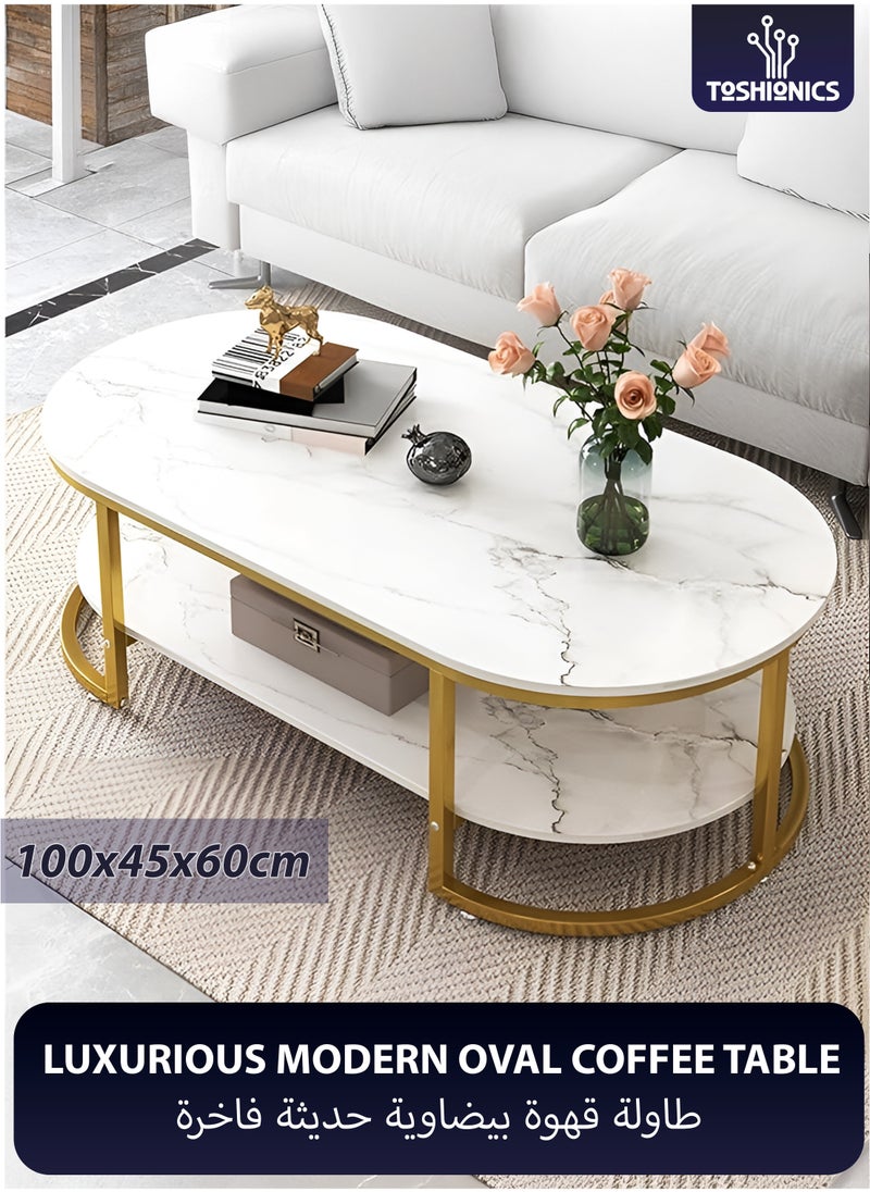 Toshionics 2-Tier Luxurious Modern Design Italian Style Coffee Table with White Faux Marble Wooden Tabletop Gold Metal Frame and Storage Elegant Accent Center Table Minimalist Nordic Stylish Coffee Table Easy to Assemble for Home Decoration Office Hotel Lobby Spa and Salon Lounges Reception Areas  - Image 1