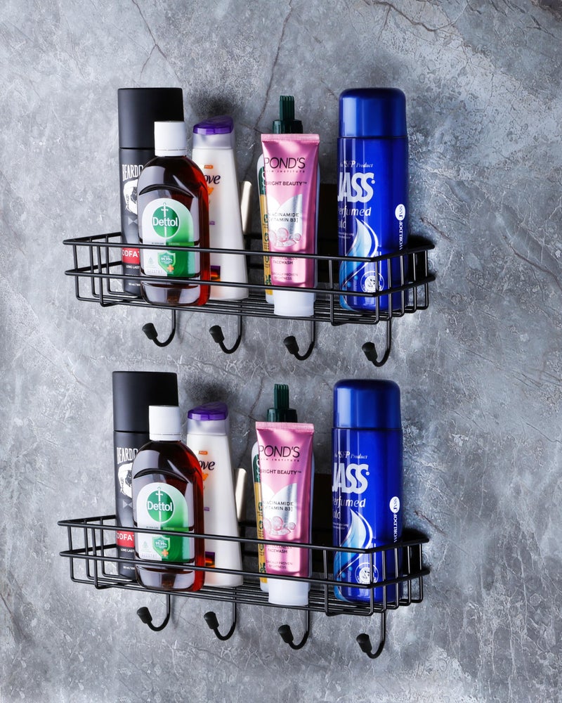 MOXSTAR Storage Hook Shelf for Wall Self-Adhesive Multipurpose Bathroom Shelf with Hooks/Towel Holder/Rack/Bathroom Accessories-Wall Mount (Black) (Pack of 2) - Image 1