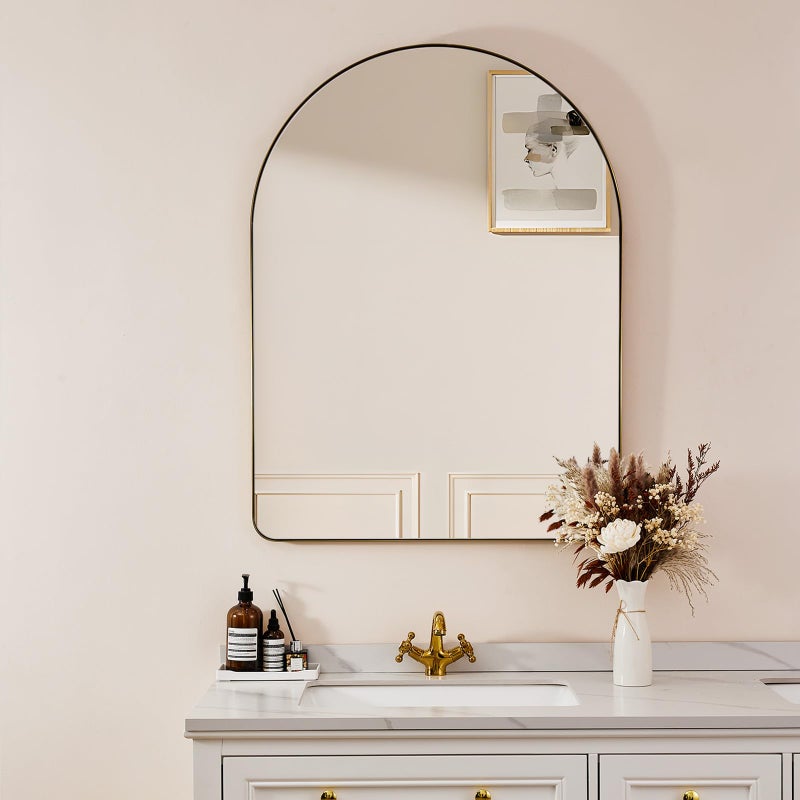 ANDY STAR Arched Mirror 24 x 38 Inch Gold Vanity Mirror in Stainless Steel Metal Frame Arch Top Rounded Corner 1 Inch Deep Set Design Wall Mount Hangs Vertical