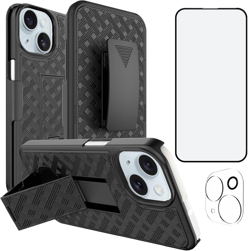 Ailiber Designed for iPhone 15 Case with Stand, iPhone 15 Belt Clip Holster with Camera Lens&Screen Protector, Swivel 2-in-1 Holder, Slim Shockproof Pouch Full Body Protective Cell Phone Cover-Black - Image 1