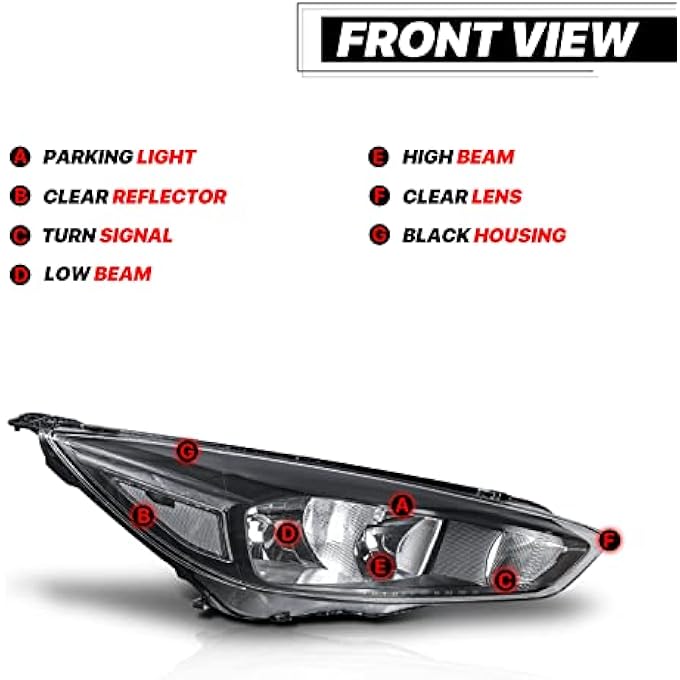 M-AUTO Headlights Assembly Compatible With 2015 2016 2017 Ford Focus Halogen Model Black Housing Clear Lens Clear Corner Headlamps Pair For Driver And Passenger Side - Image 3