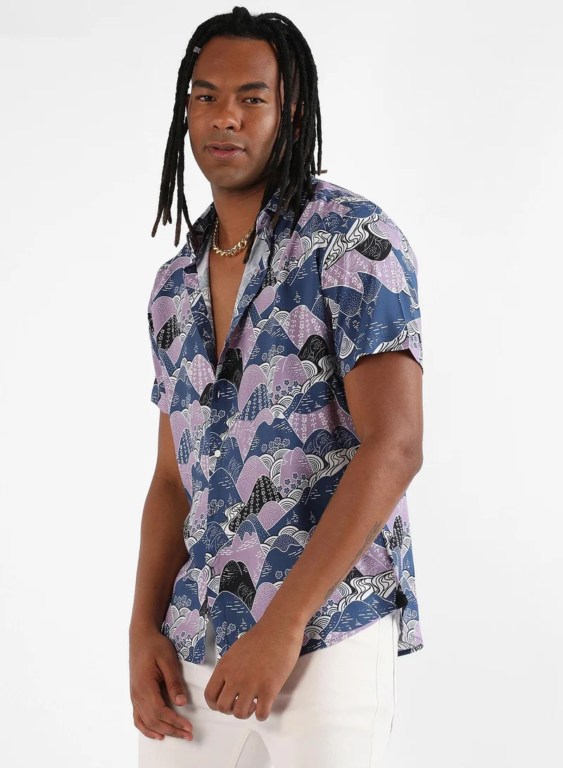 Campus Sutra Men's EcoLiva Blue & Lavender Contrast Landscape Shirt