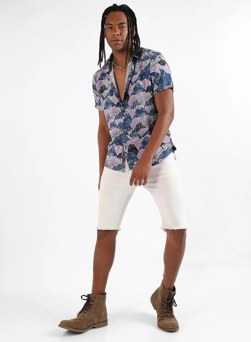 Campus Sutra Men's EcoLiva Blue & Lavender Contrast Landscape Shirt