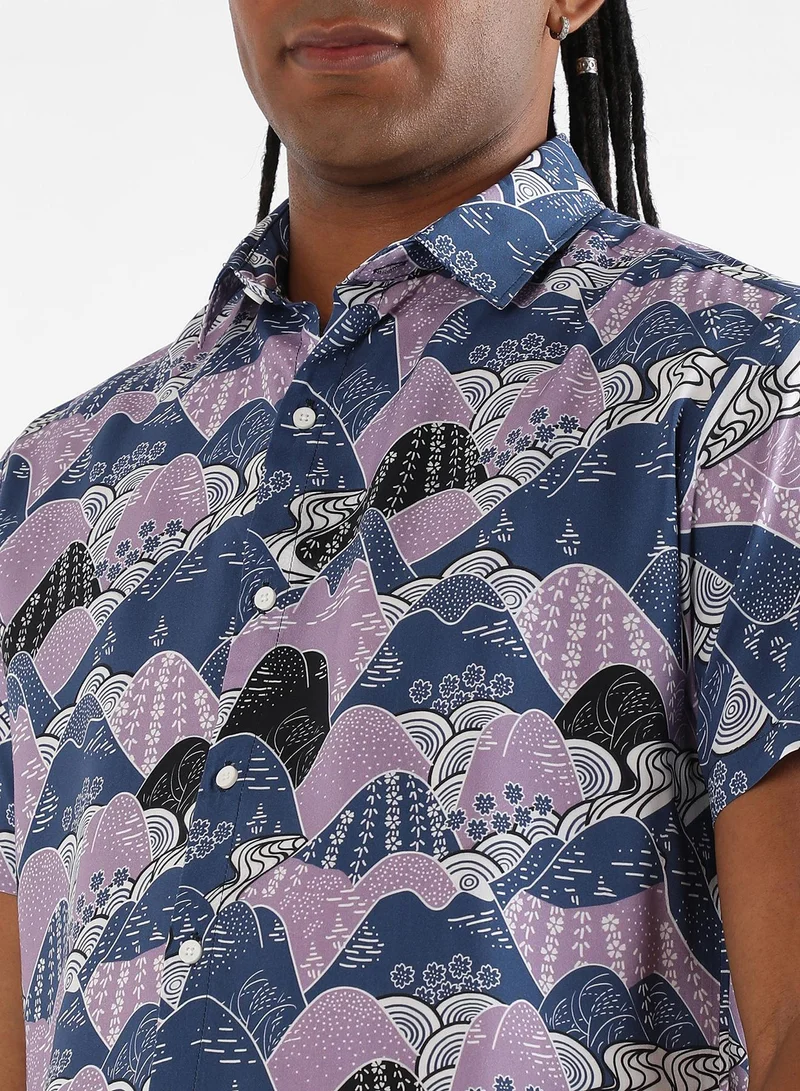 Campus Sutra Men's EcoLiva Blue & Lavender Contrast Landscape Shirt