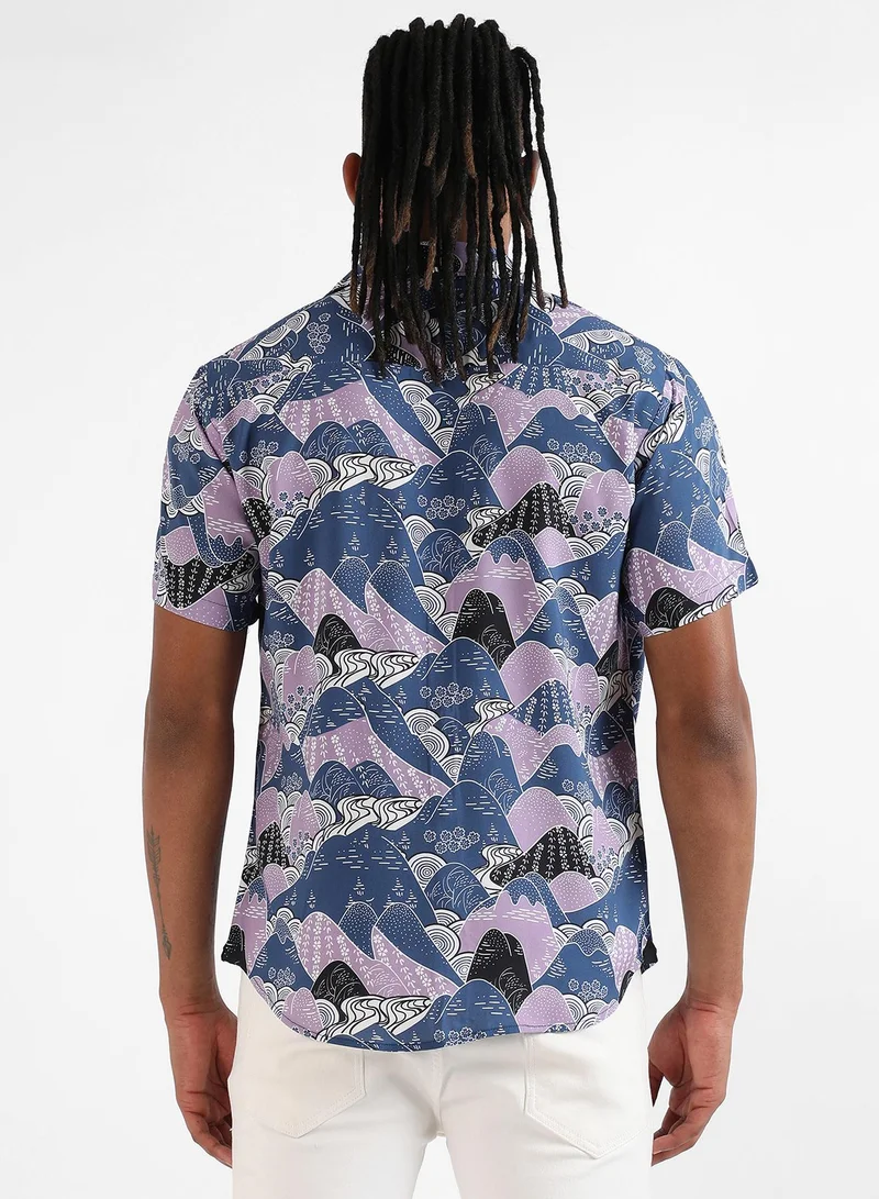 Campus Sutra Men's EcoLiva Blue & Lavender Contrast Landscape Shirt