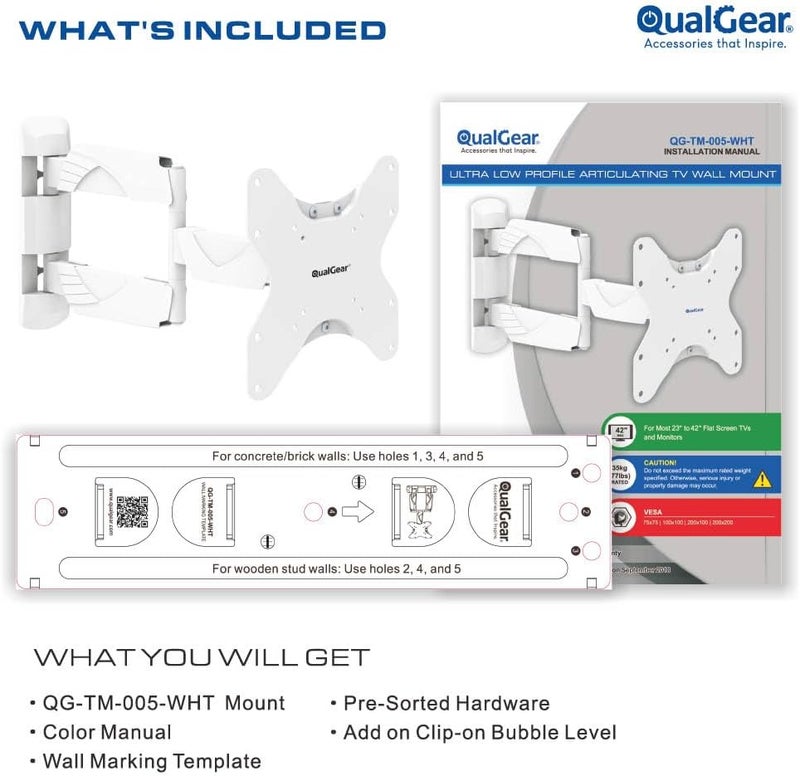 QualGear Qg-TM-005-WHT 23-42 بوصة جودة عالية نمط معاصر منخفض جدًا حامل حائط متحرك كامل لأجهزة تلفزيون LED، أبيض [مدرج في UL] - Image 2