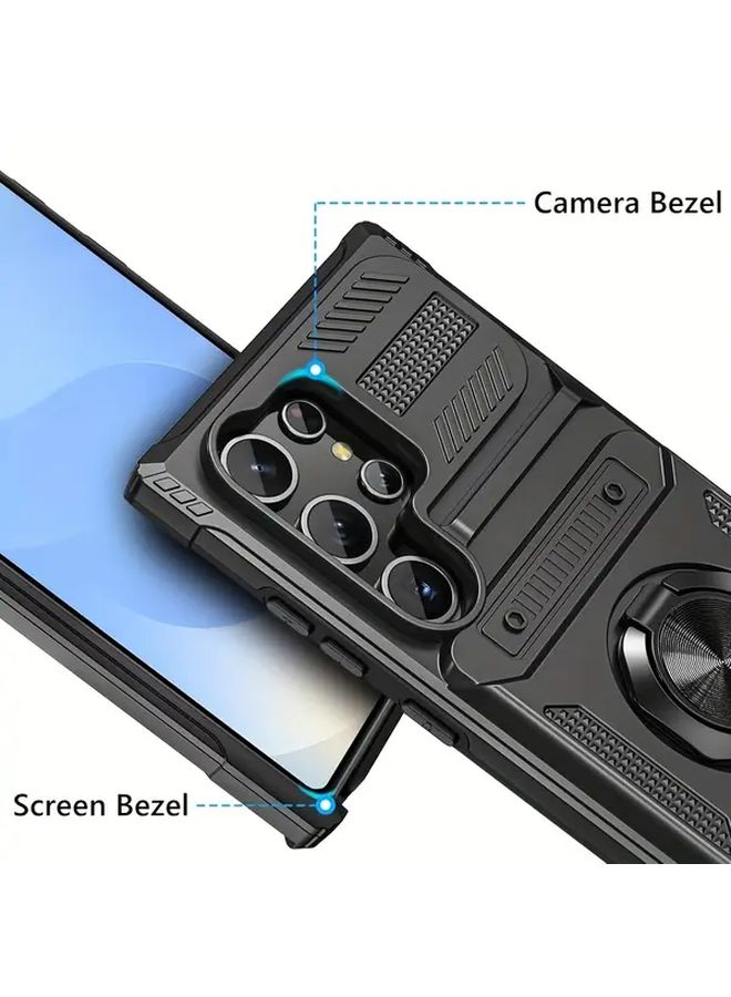 حافظة صلبة سوداء مقاومة للصدمات مع حامل معدني وفتحة بطاقة لجهاز Galaxy S25 Ultra - Image 4