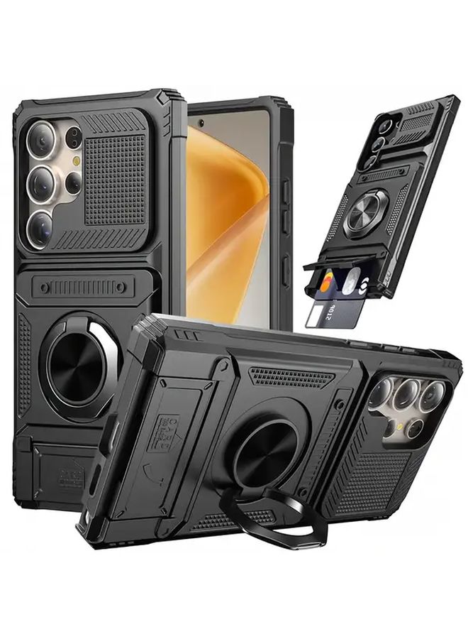 حافظة صلبة سوداء مقاومة للصدمات مع حامل معدني وفتحة بطاقة لجهاز Galaxy S25 Ultra - Image 1